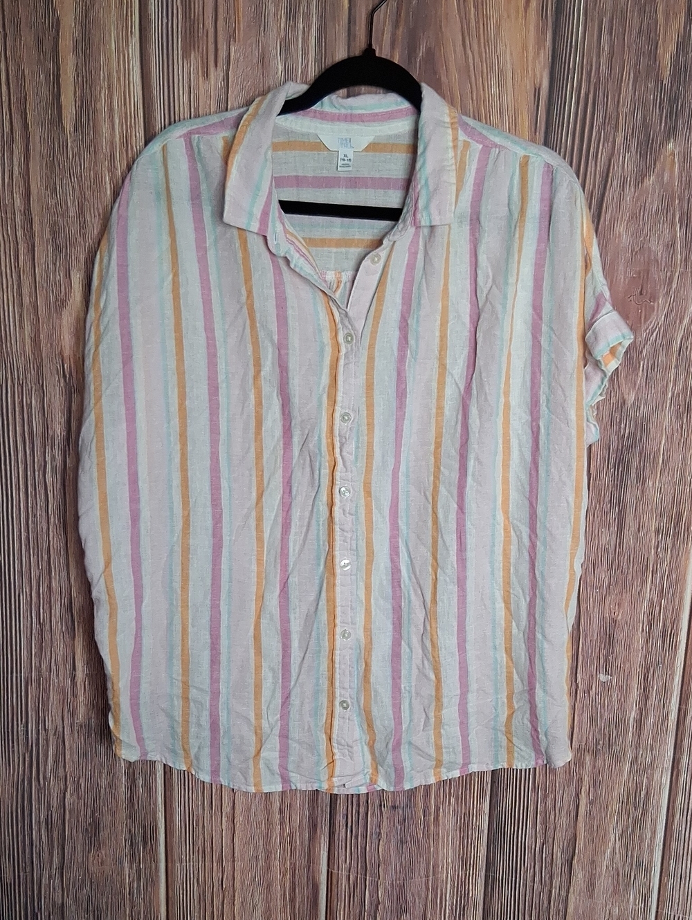 Time and Tru Pastel Striped Button Down Short Sleeve Top Womans Size XL